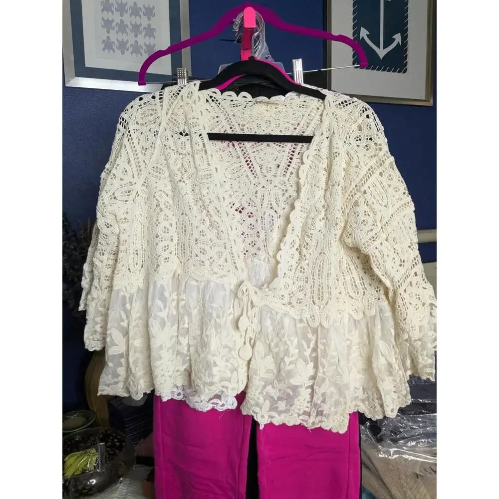 POL Open Front Lace Detail Cardigan In Ivory Cream NEW - Picture 2 of 2